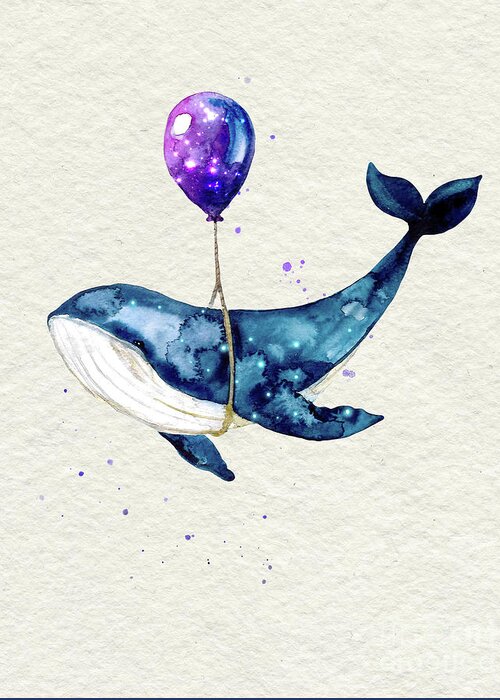 Humpback Whale Greeting Card featuring the painting Humpback Whale With Purple Balloon Watercolor Painting by Garden Of Delights