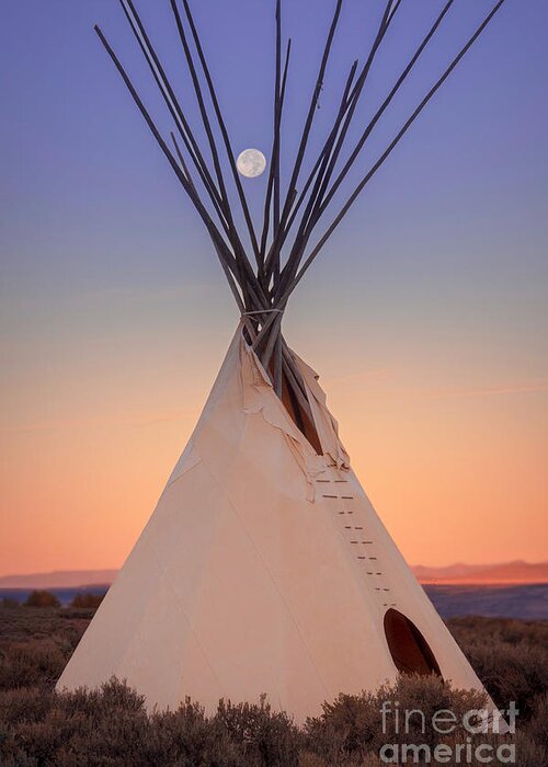 Taos Greeting Card featuring the photograph Hunter Moon over white Tipi by Elijah Rael