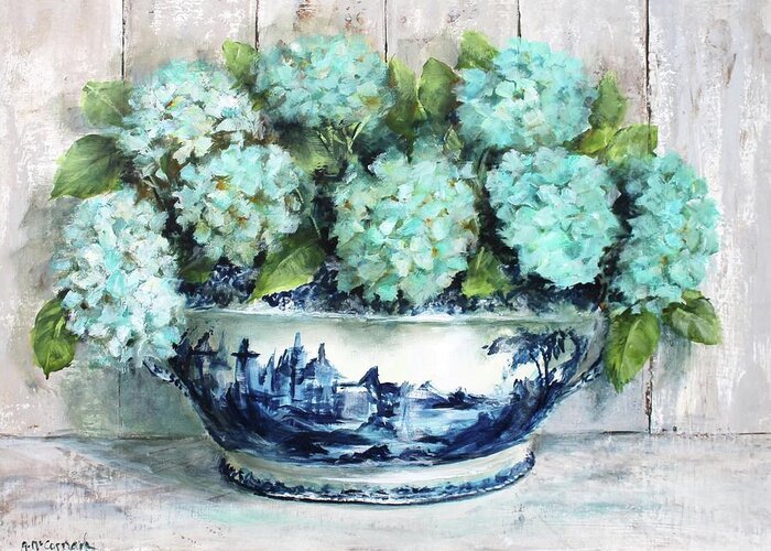 Hydrangeas Greeting Card featuring the painting Hydrangeas in Blue and White Tureen by Gail McCormack
