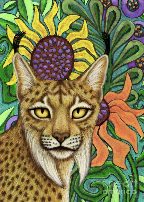 Iberian Lynx Greeting Card featuring the painting Iberian Sunflower Lynx by Amy E Fraser