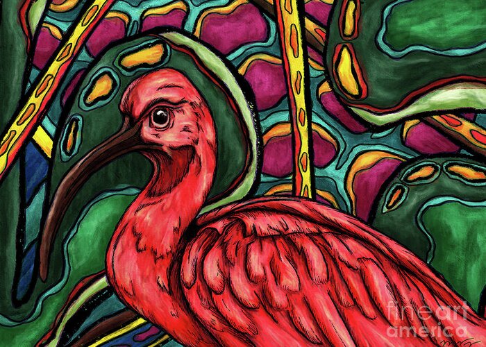 Ibis Greeting Card featuring the painting Ibis bird in jungle painting, scarlet ibis by Nadia CHEVREL