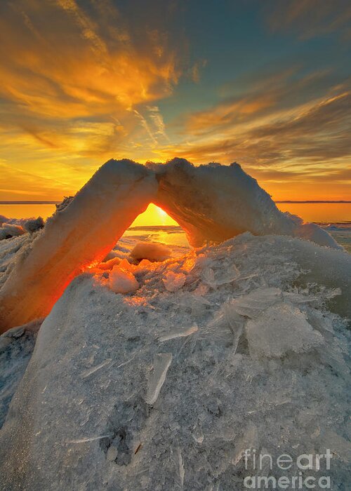 Backlit Greeting Card featuring the photograph Ice Arch at Sunrise WI9919 by Mark Graf