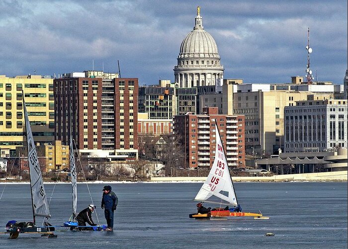 Ice Boats Greeting Card featuring the photograph Ice boats and Capitol, Madison, Wisconsin 2 by Steven Ralser