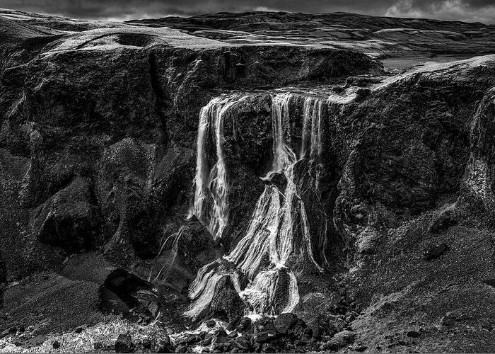 Skogafoss Greeting Card featuring the photograph Iceland - Fagrifoss waterfall in black and white by Olivier Parent