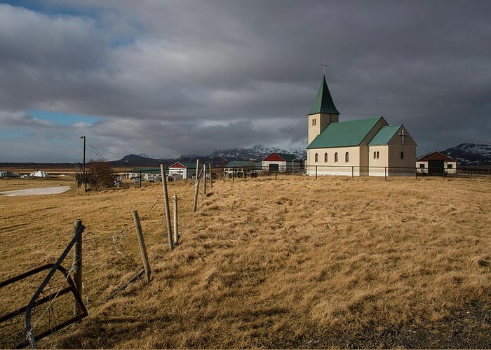 Icelandic Greeting Card featuring the photograph Icelandinc landscape with traditional church in Iceland by Michalakis Ppalis