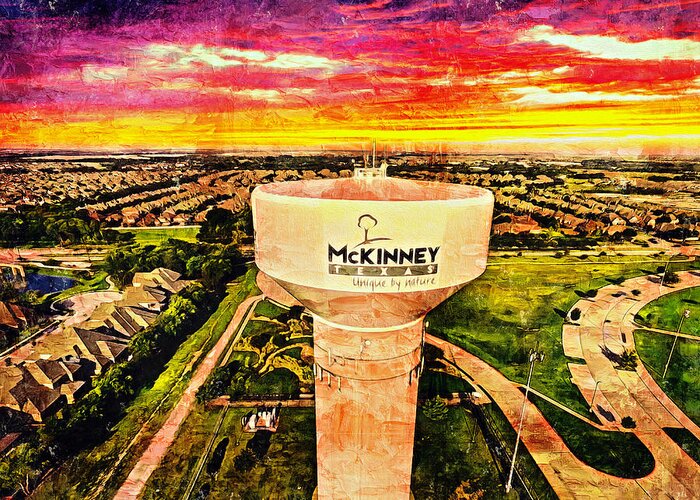 Water Tower Greeting Card featuring the digital art Iconic water tower in western McKinney, Texas, at sunset by Nicko Prints
