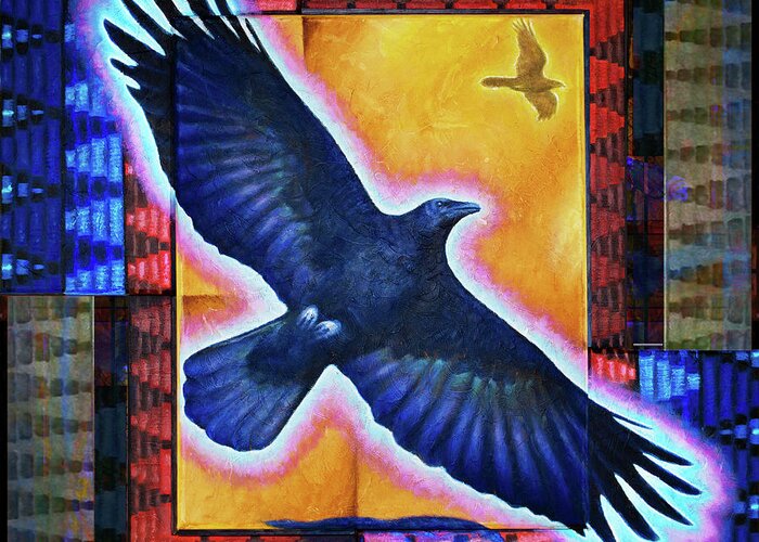 Crow Greeting Card featuring the painting Illumination by Kevin Chasing Wolf Hutchins