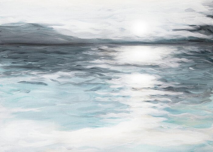 Impressionist Impressionistic Ocean Sunrise Soft Teal Indigo Blue White Reflection Greeting Card featuring the painting Impression by Pamela Schwartz