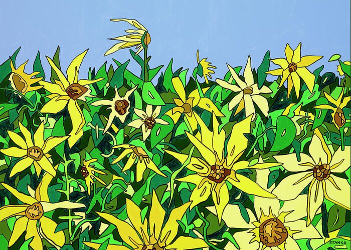 Sunflowers Long Island Summer Flowers Sun Greeting Card featuring the painting In Northfork Gardens by Mike Stanko