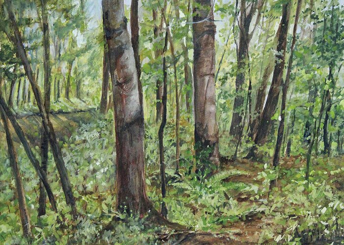 Landscape Greeting Card featuring the painting In the Shaded Forest by Laurie Rohner