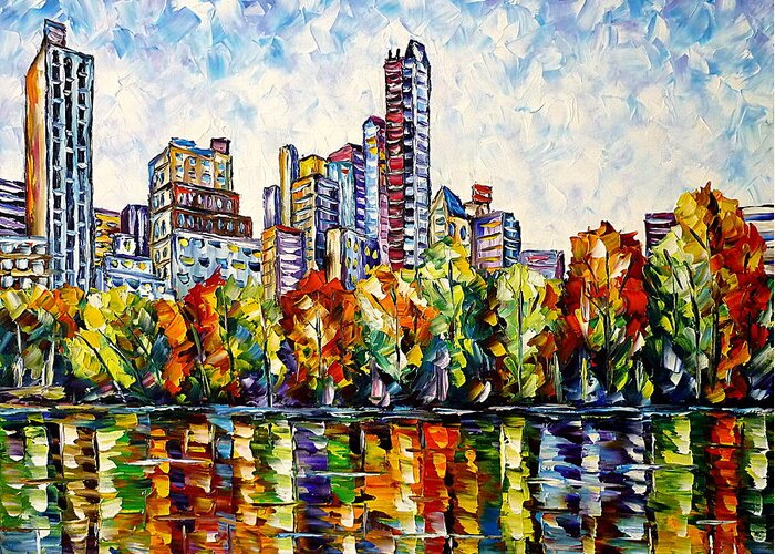 Colorful Cityscape Greeting Card featuring the painting Indian Summer In The Central Park by Mirek Kuzniar