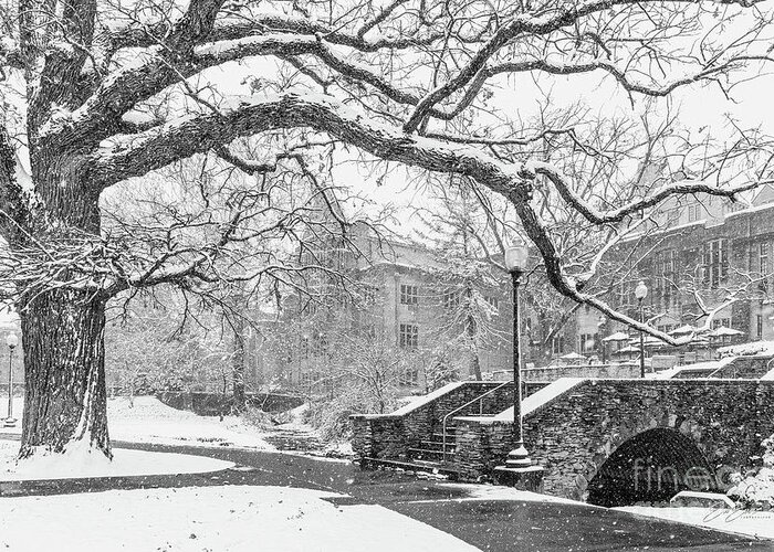 Indiana University Snow Greeting Card featuring the photograph Indiana University Memorial Union Snow Storm Black and White by Aloha Art