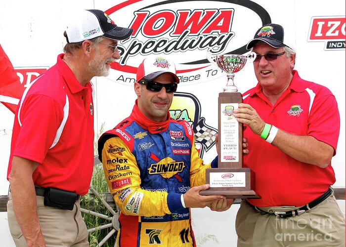 Indycar Greeting Card featuring the photograph Indycar Iowa Speedway 2013 Tony Kanaan and Iowa Corn Representatives by Pete Klinger