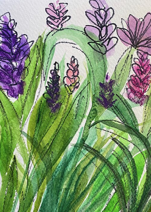 Purple Greeting Card featuring the mixed media Ink and Wash Flowers by Lisa Neuman