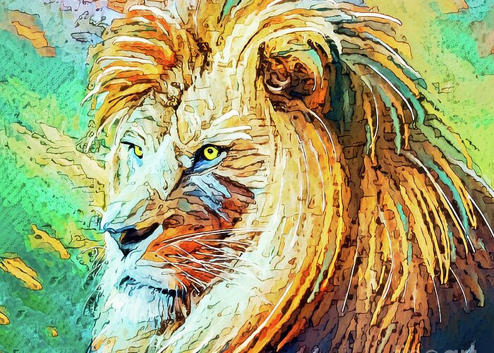 Lion Greeting Card featuring the mixed media Intent Lion by Tina LeCour