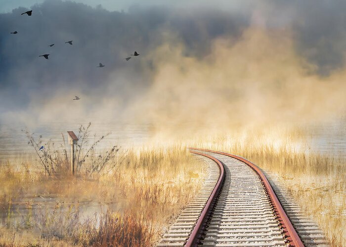 Train Tracks Greeting Card featuring the photograph Into the Mist - Limited Edition by Shara Abel