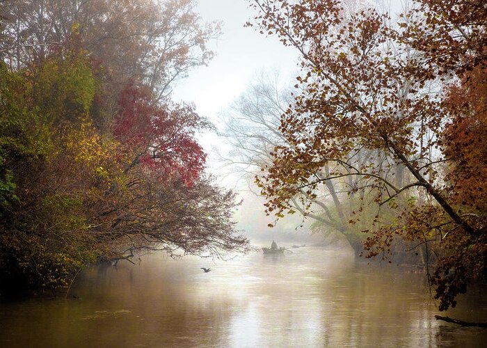 Fog Greeting Card featuring the photograph Into the Mist of Autumn by Debra and Dave Vanderlaan