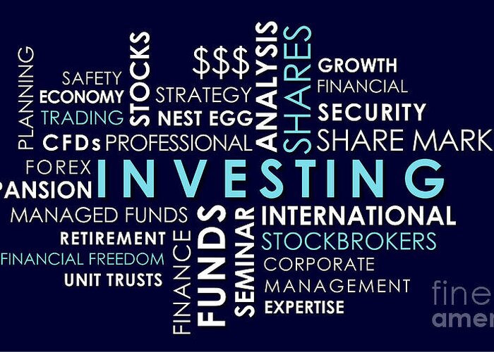 Investing Greeting Card featuring the photograph Investing and share market related words animated text word cloud. by Milleflore Images