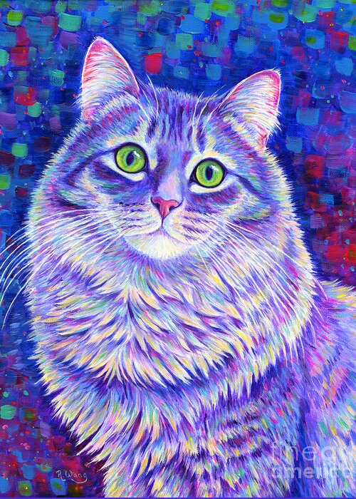 Gray Tabby Greeting Card featuring the painting Iridescence - Colorful Gray Tabby Cat by Rebecca Wang