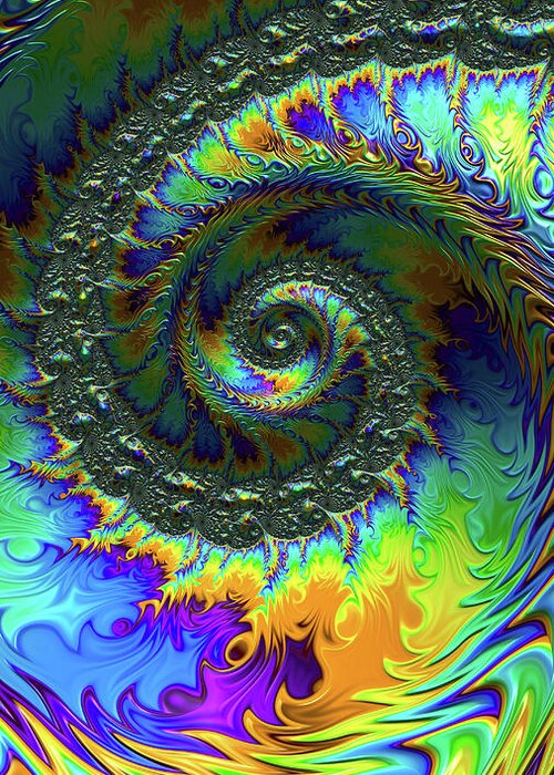 Colorful Greeting Card featuring the digital art Irridescent Spiral Oil Slick Fractal Abstract by Shelli Fitzpatrick