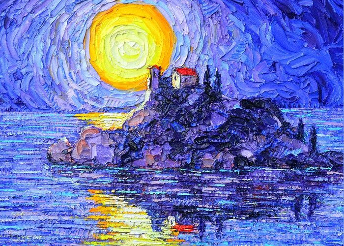Sicily Greeting Card featuring the painting ISOLA BELLA BY MOON Italy Sicily island textural impasto palette knife painting Ana Maria Edulescu  by Ana Maria Edulescu