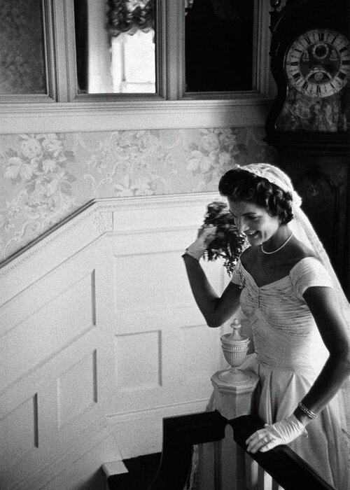 Jackie Kennedy Greeting Card featuring the photograph Jackie Kennedy Throwing Wedding Bouquet - 1953 by War Is Hell Store