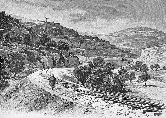 Jerusalem 1893 Greeting Card featuring the photograph Jaffa Jerusalem Railway in 1893 by Munir Alawi