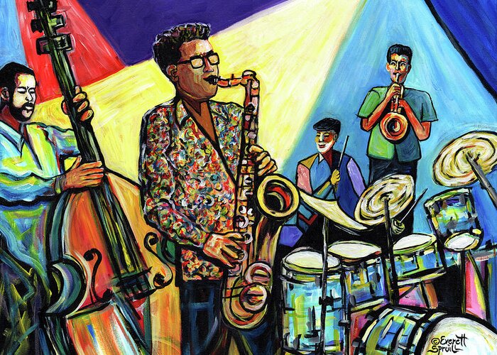 Abstract Art Greeting Card featuring the painting Jazz at Timucua with Jeff Rupert Quartet by Everett Spruill