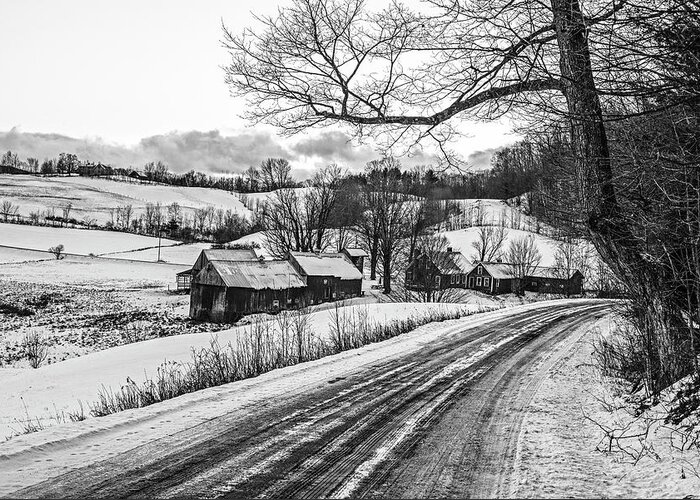 Jenne Greeting Card featuring the photograph Jenne Farm Road in the Winter Snow Pomfret VT Vermont Woodstock Black and White by Toby McGuire