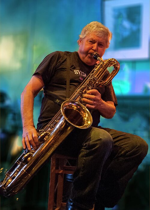Sax Greeting Card featuring the photograph Jerry Logas on Baratone Sax by Jessica Levant