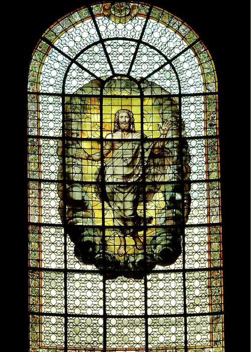 Jesus Ascension Stained Glass Paris Greeting Card featuring the photograph Jesus Ascension Stain-Glass by Tim Mattox