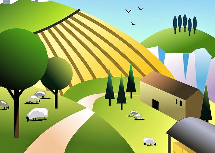 Landscape Greeting Card featuring the digital art Joe's Farm by Fatline Graphic Art