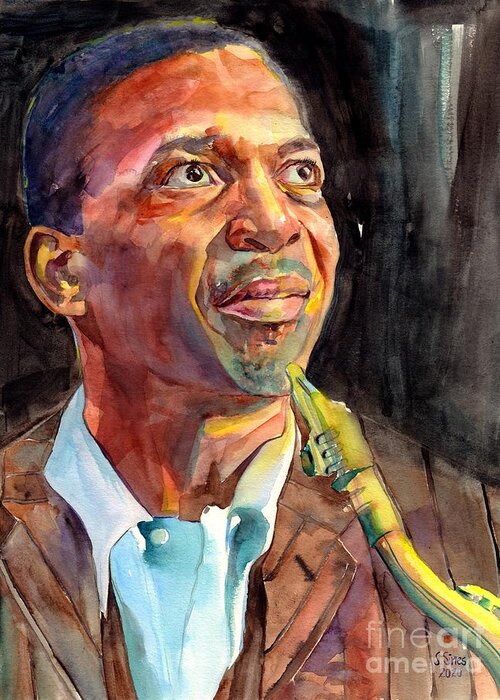 San Francisco Greeting Card featuring the painting John Coltrane Portrait by Suzann Sines