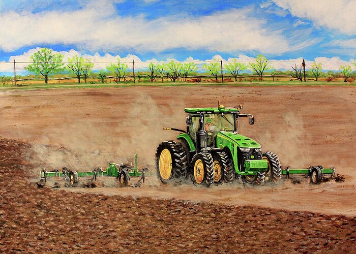 Farming Greeting Card featuring the painting John Deere 8345R Tractor Pulling a Cultivator by Karl Wagner