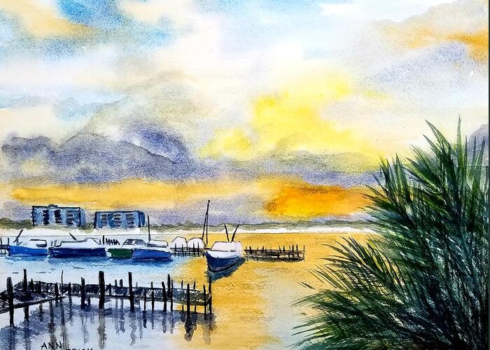 Sunset Greeting Card featuring the painting Jo's Marina by Ann Frederick