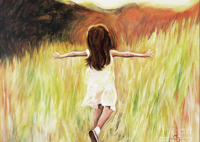 Joy Girl Running Field Sunshine Happy Joyful Peaceful Daughter Free Greeting Card featuring the painting Joy by Pamela Schwartz