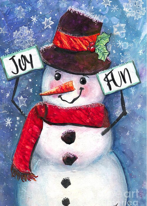 Snowman Greeting Card featuring the mixed media Joyful and Fun Snowman by Francine Dufour Jones