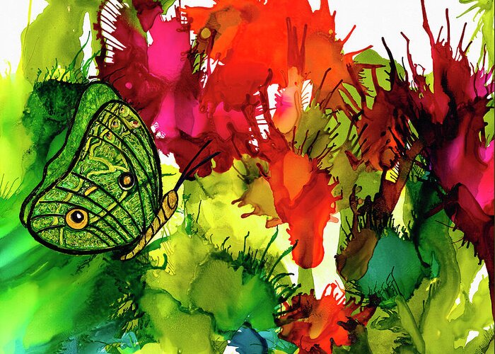 Abstract Greeting Card featuring the painting Joyful Explosion Colorful Flowers and Butterfly Alcohol Ink by Deborah League