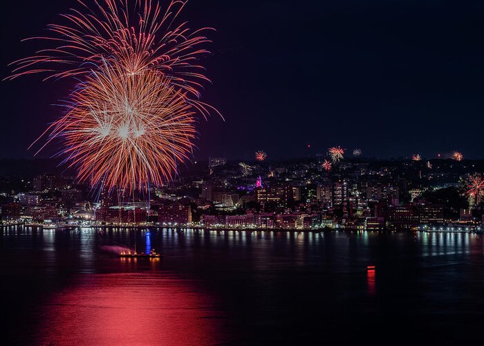 City Hall Greeting Card featuring the photograph July 4th fireworks along the Yonkers waterfront - 1 by Kevin Suttlehan