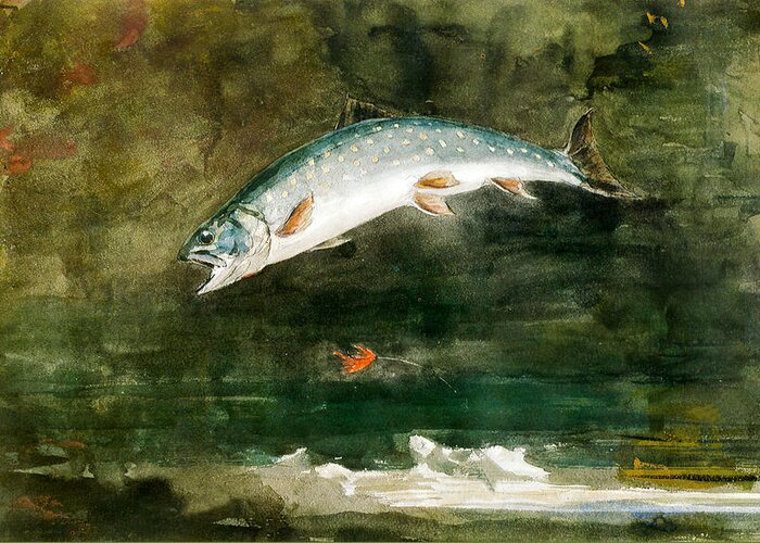 Winslow Homer Greeting Card featuring the digital art Jumping Trout by Winslow Homer