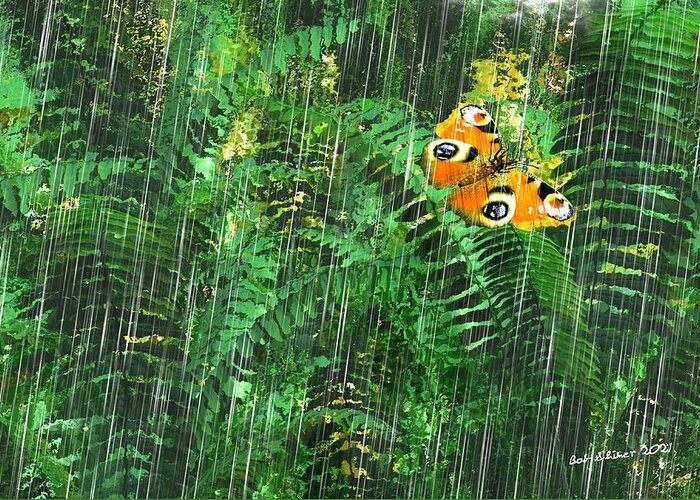 Digital Abstract Jungal Butterfly Rain Woods Ferns Greeting Card featuring the digital art Jungle Rain by Bob Shimer