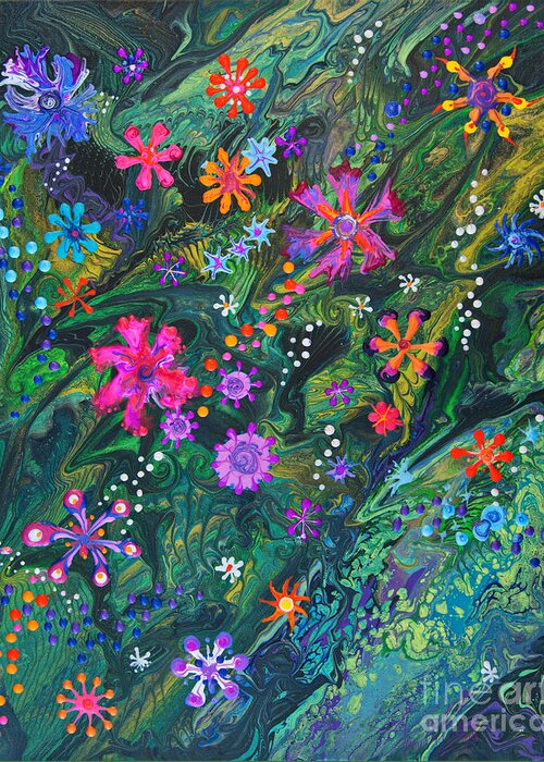 Flowers Floral Lush Tropical Organic Colorful Vibrant Dramatic Fun Greeting Card featuring the painting Jungle Seduction 7022 B by Priscilla Batzell Expressionist Art Studio Gallery