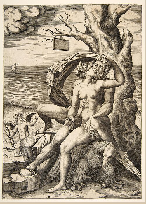 Marco Dente Greeting Card featuring the drawing Jupiter and Semele embracing by Marco Dente