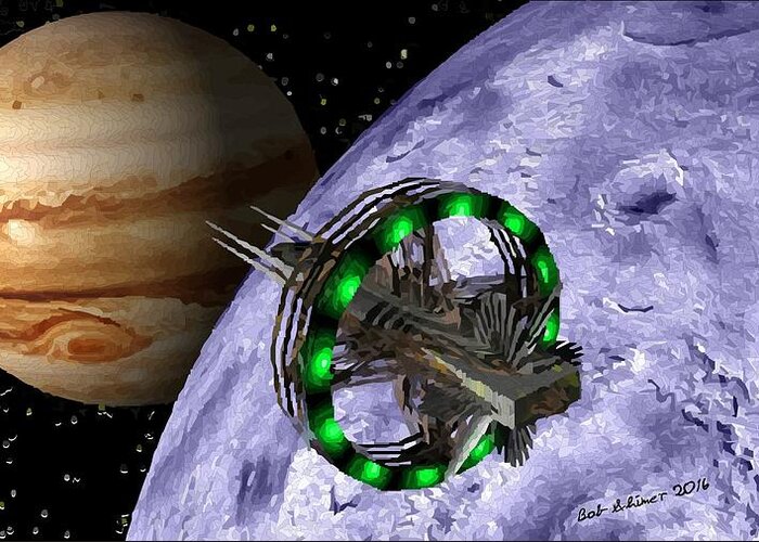 Digital Space Spaceship Jupiter Scifi Greeting Card featuring the digital art Jupiter Ascending by Bob Shimer
