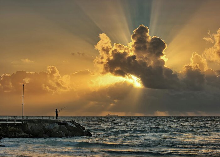 Sunrise Greeting Card featuring the photograph Jupiter Inlet Fishing at Beach with Sunrays by Kim Seng