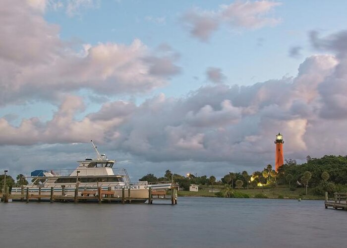 Lighthouse Greeting Card featuring the photograph Jupiter Lighthouse and Blue Heron II Charter Boat by Steve DaPonte