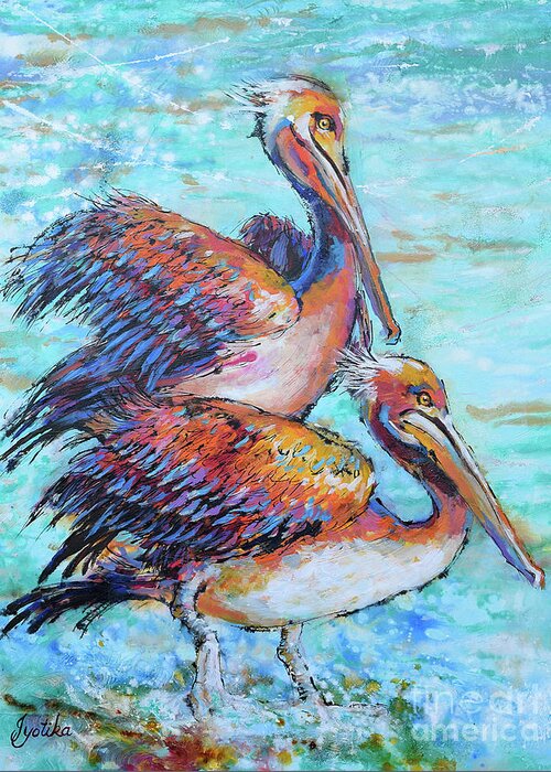 Juvenile Brown Pelican Greeting Card featuring the painting Juvenile Pelicans by Jyotika Shroff