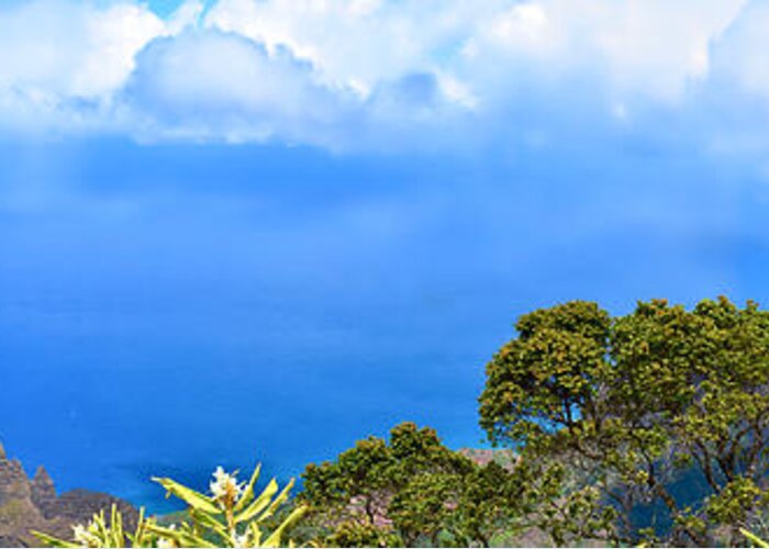 #gary #richards #garyfrichards #kauai #waterfall #island #archipelago #garden #gardenisle #tropical #rainforest #cliffs #napalicoast #napali #hollywood #waimea #canyon #waimeacanyon #nounou #trails #sleeping #giant #mountain #kalalau #valley #lookout #ridge #hiking #manawaiopuna #jurassicpark #punahoapoint #mahaulepuheritagetrail #hawaii #rainbow #mist Greeting Card featuring the photograph Kalalau Lookout Pano 1 by Gary F Richards