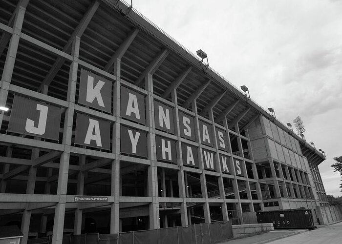 Kansas Jayhawks Stadium Greeting Card featuring the photograph Kansas Jayhawks football in black and white by Eldon McGraw