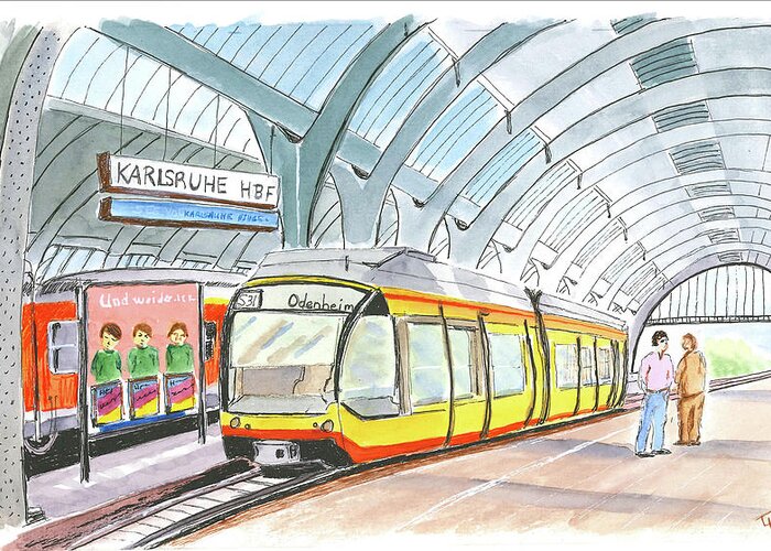 Travel Greeting Card featuring the painting Karlsruhe Hauptbahnhof by Tracy Hutchinson